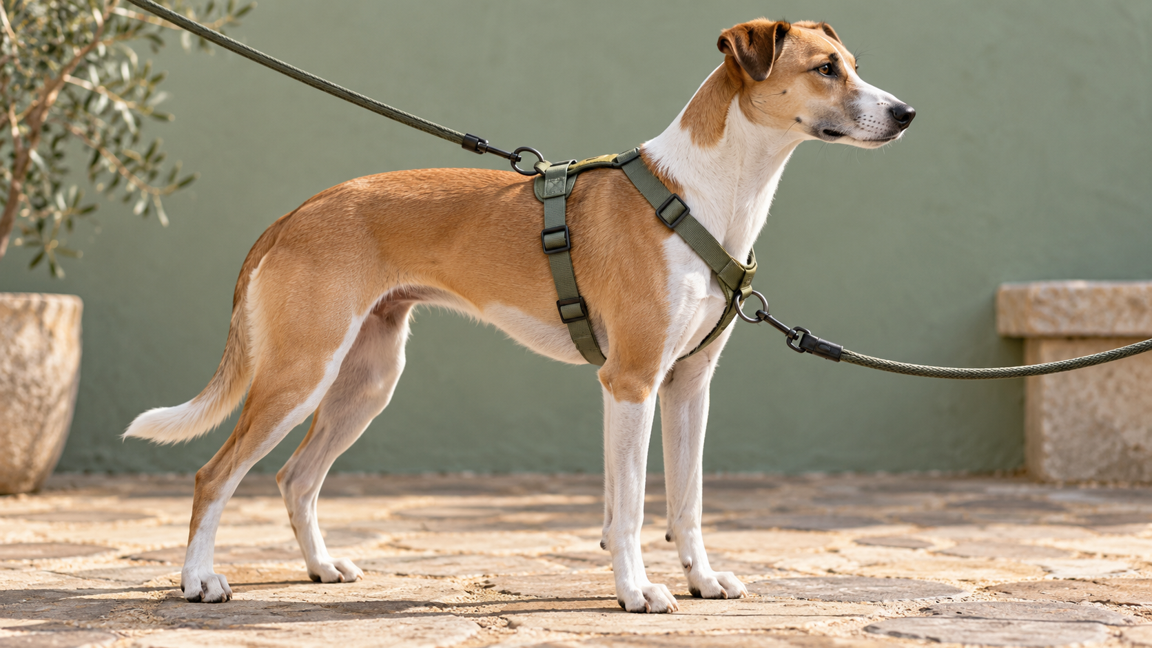Editorial image of a slim dual-clip training dog harness