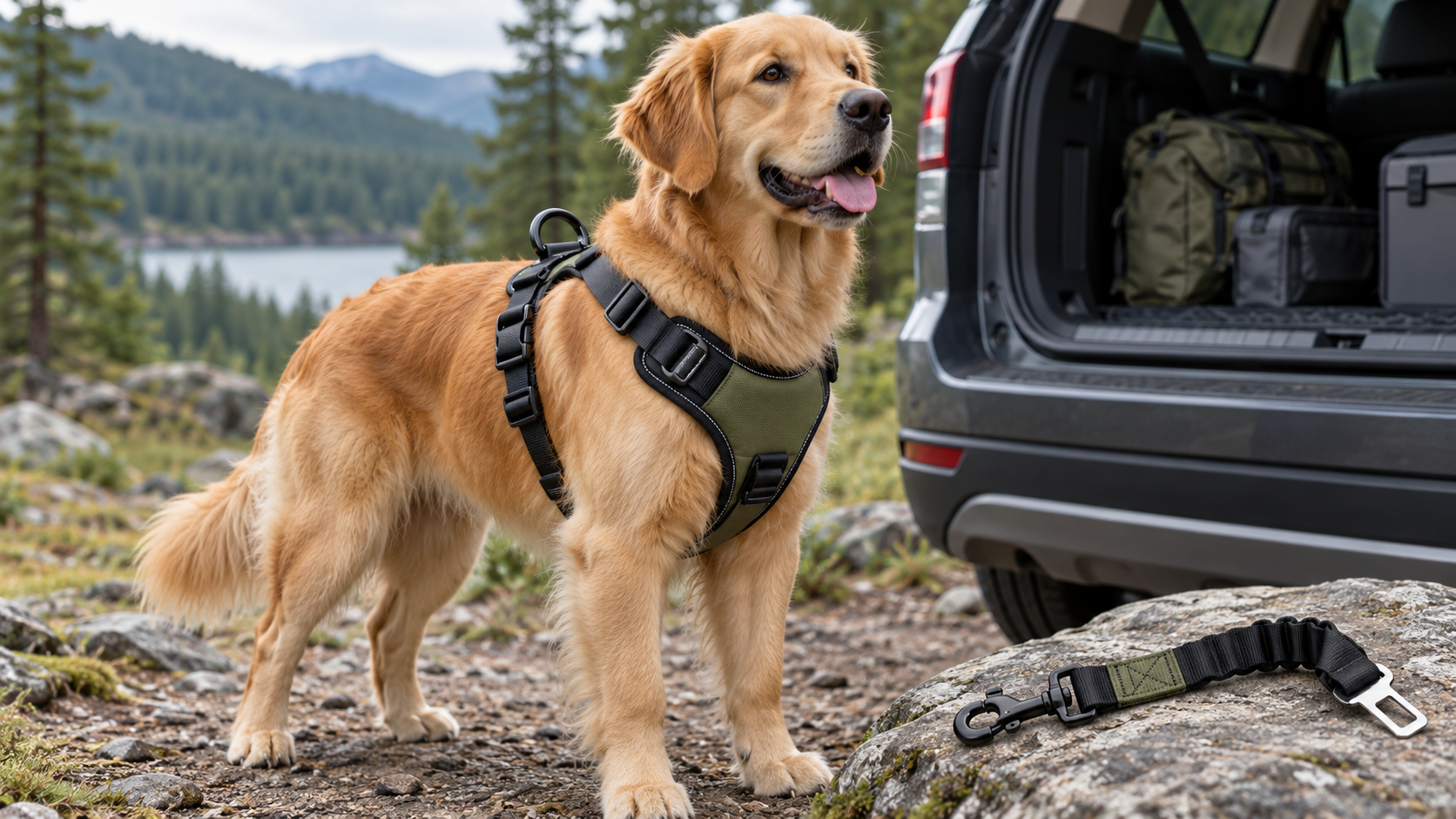 Editorial image of a padded dog car harness beside a vehicle