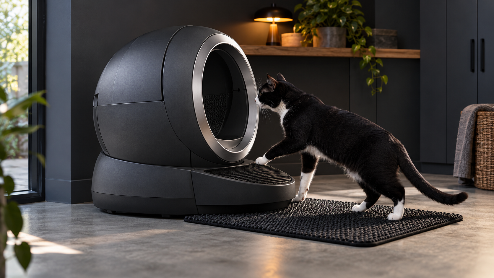 Editorial image of a rounded rotating drum style automatic cat litter box