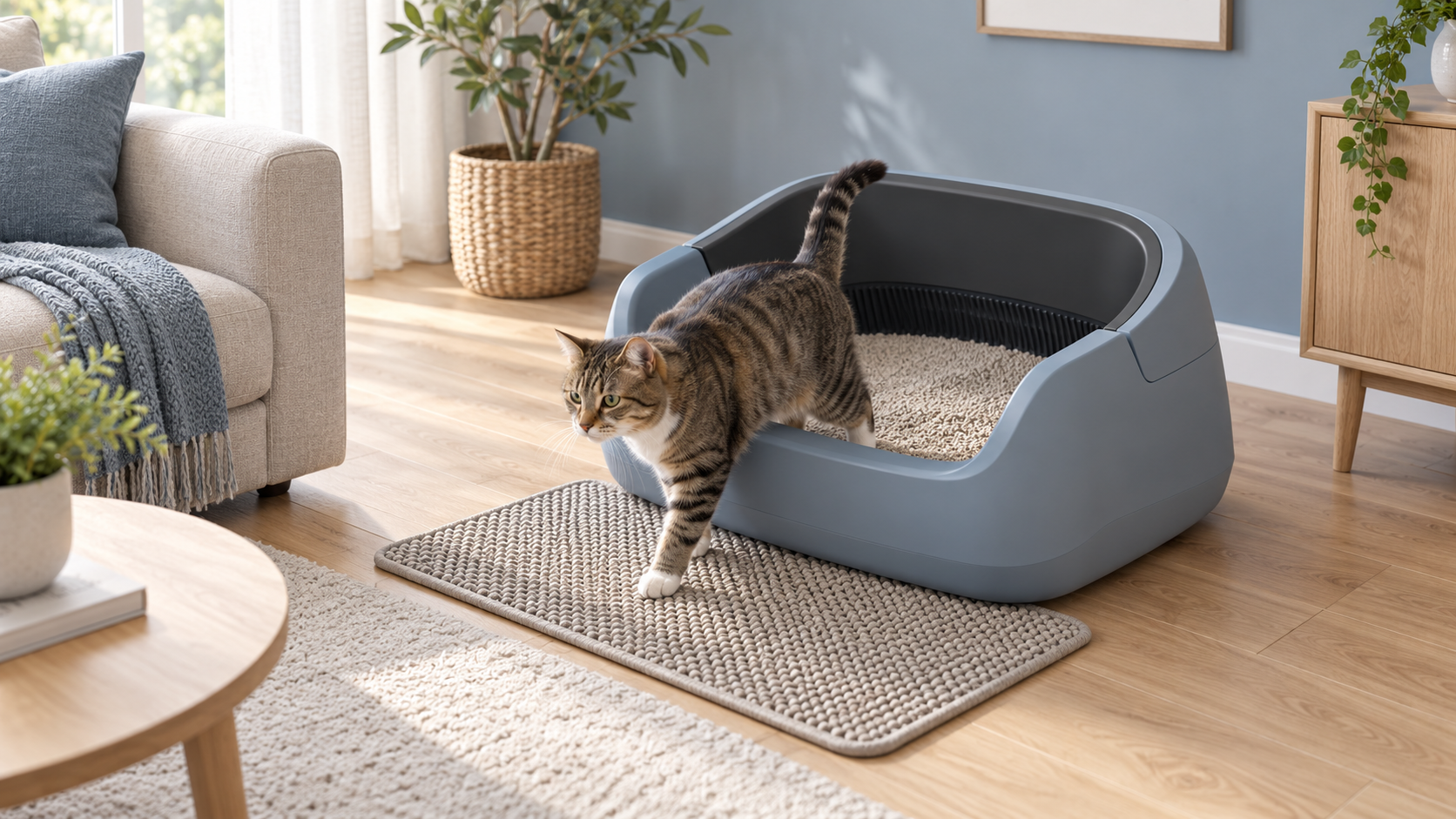 Editorial image of a white open-top automatic cat litter box with a cat beside it