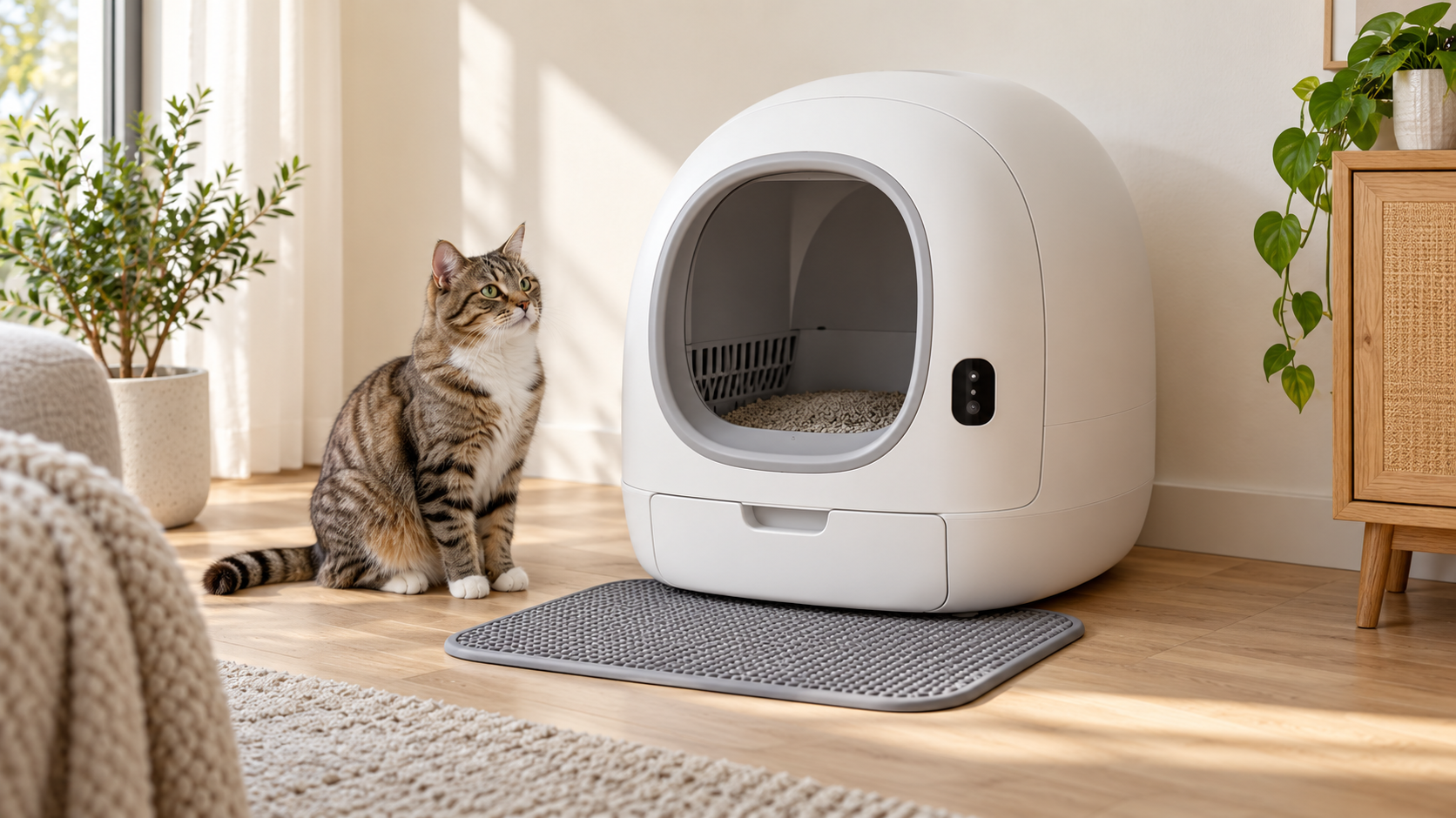 Editorial image of a white enclosed smart cat litter box in a home