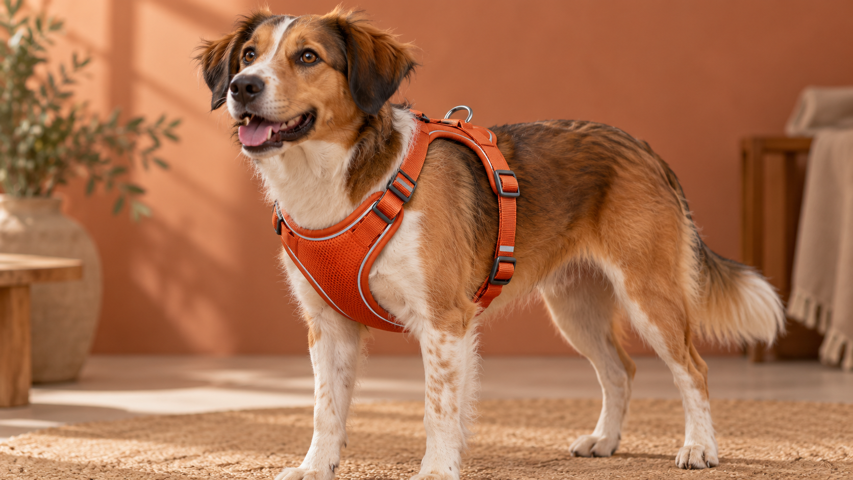 Editorial image of a burnt-orange padded everyday dog harness